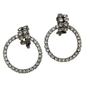 Vintage Rhinestone Hoop Drop Earrings Costume Hinged